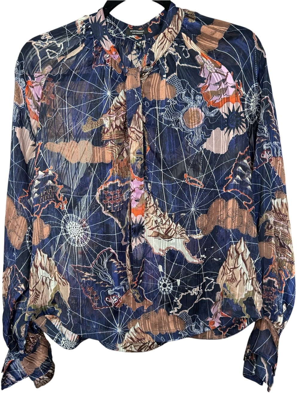 Scotch & Soda Cocktail Hour Sheer Nautical Map Navy Blouse Sz S